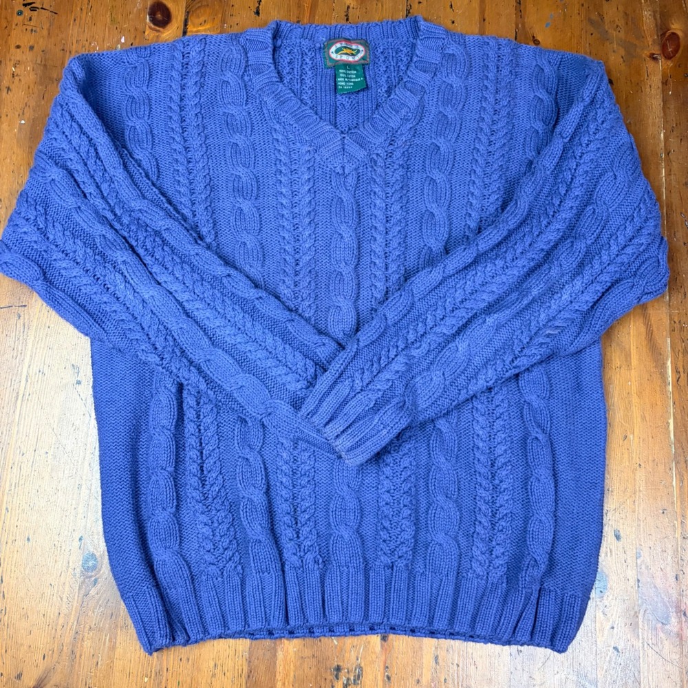 Vintage Steel Sport Cable Knit Sweater Mens L Blue Cotton V Neck Preppy Golf